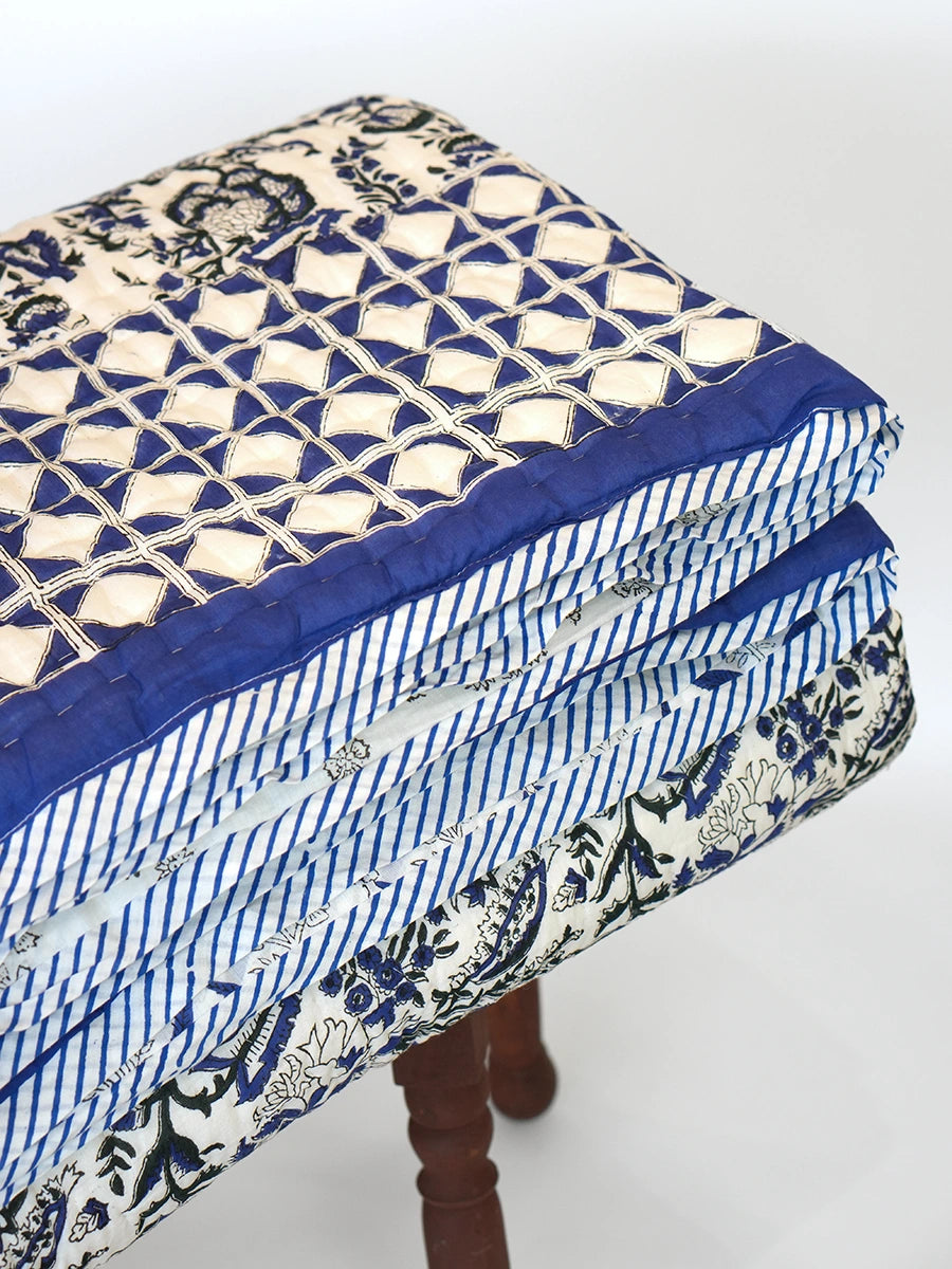 Blue Ivory Handstitched Organic Quilt