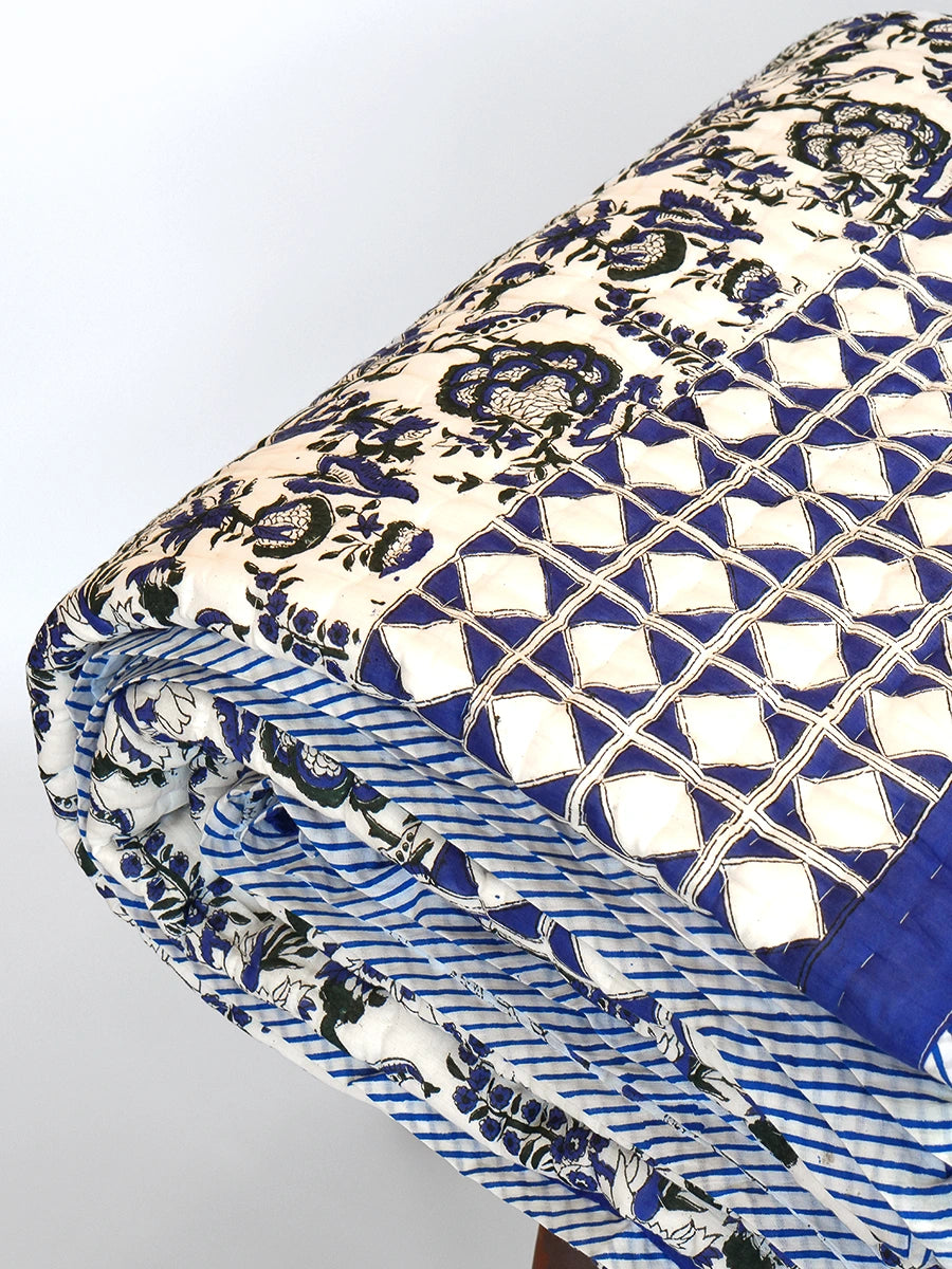 Blue Ivory Handstitched Organic Quilt