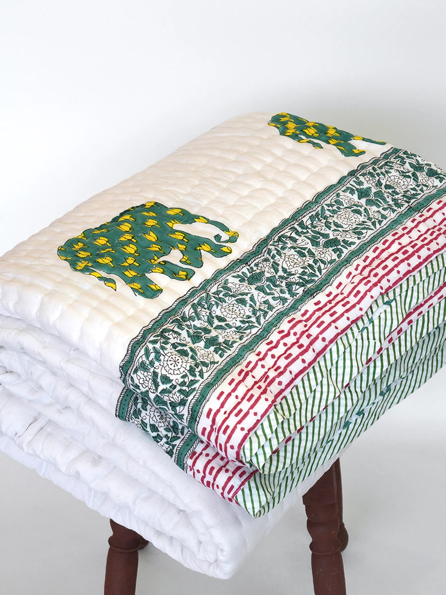 Elephant Umbrella Handstitched Organic Quilt