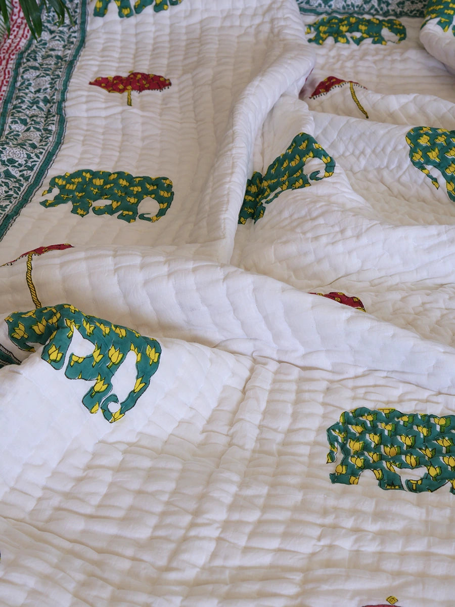 Elephant Umbrella Handstitched Organic Quilt + Free Matching Sheet Set