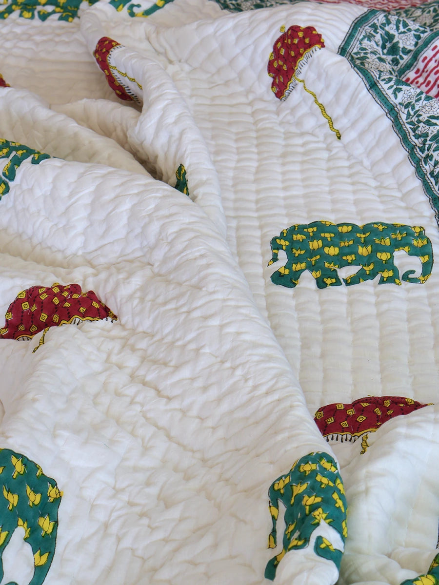Elephant Umbrella Handstitched Organic Quilt