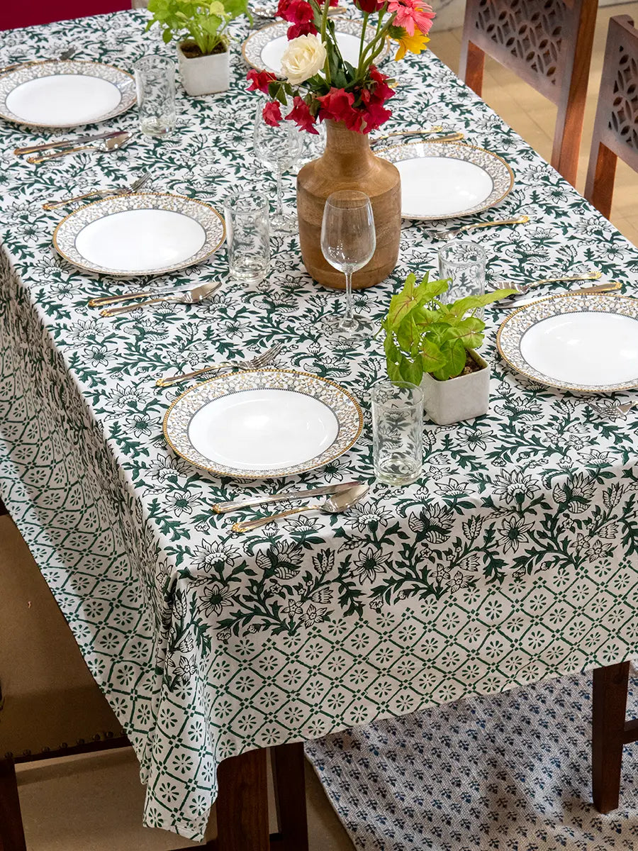 Forest Bloom Hand Block Printed Tablecloth