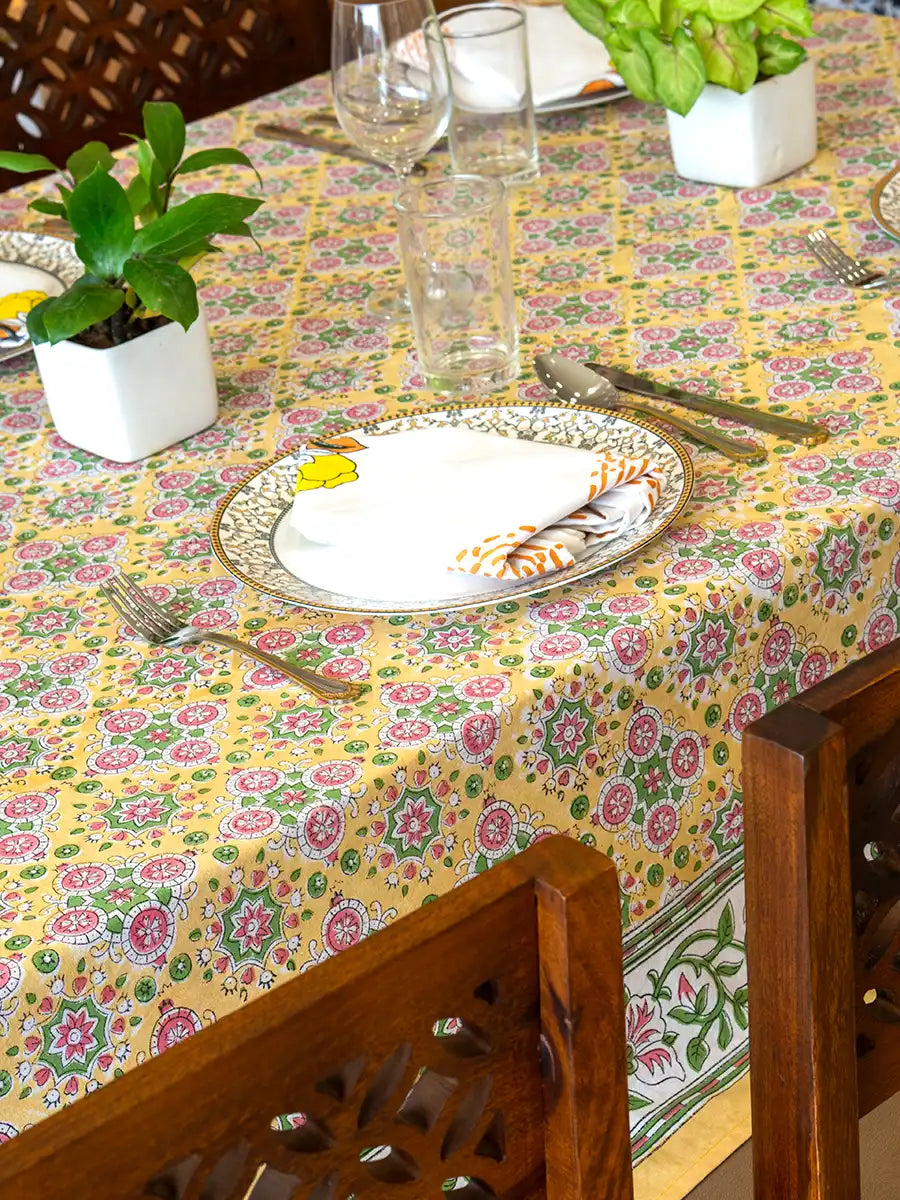 Golden Flora Hand Block Printed Tablecloth