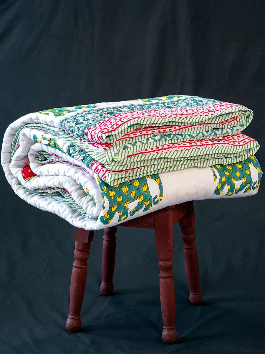 Elephant & Umbrella Hand Block Muslin Quilt