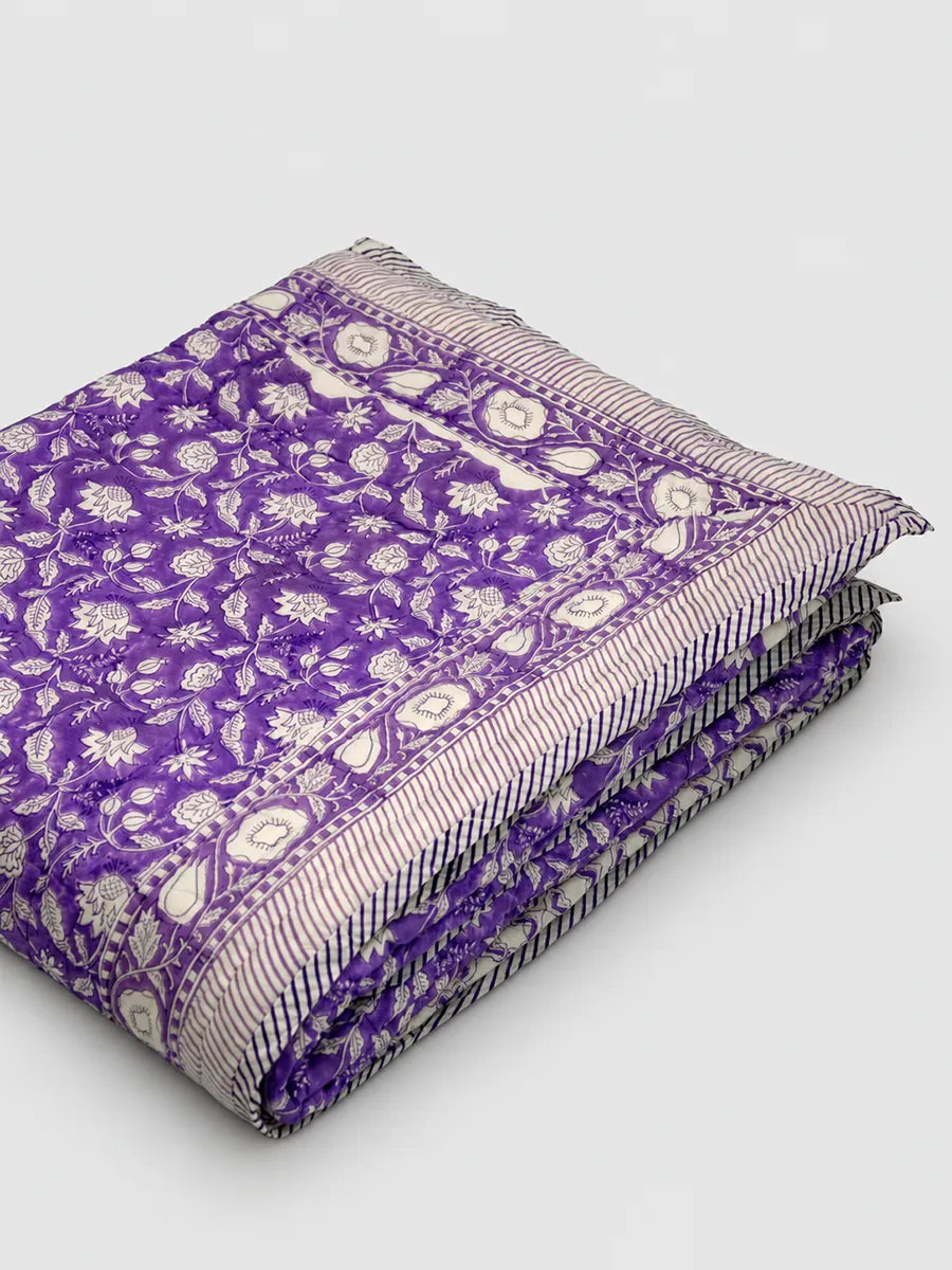 Lavender Bloom Handstitched Hand Block Printed Organic Cotton Quilt