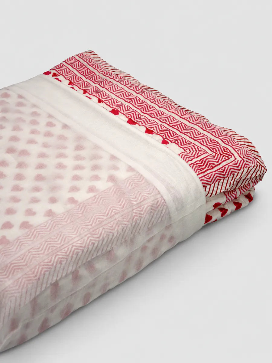 Pink Heart Handstitched Hand Block Printed Organic Cotton Quilt