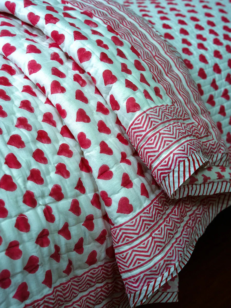 Pink Heart Handstitched Hand Block Printed Organic Cotton Quilt