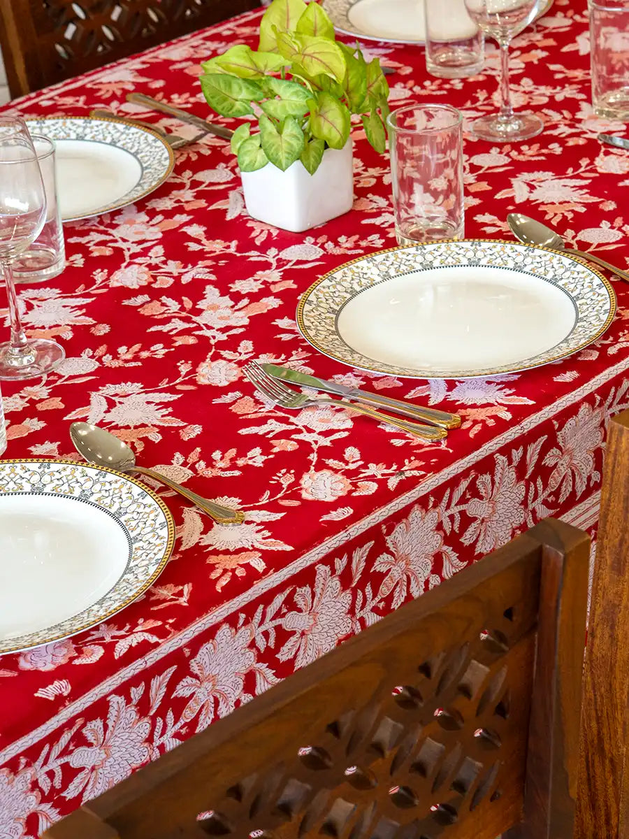 Red Bloom Hand Block Printed Tablecloth