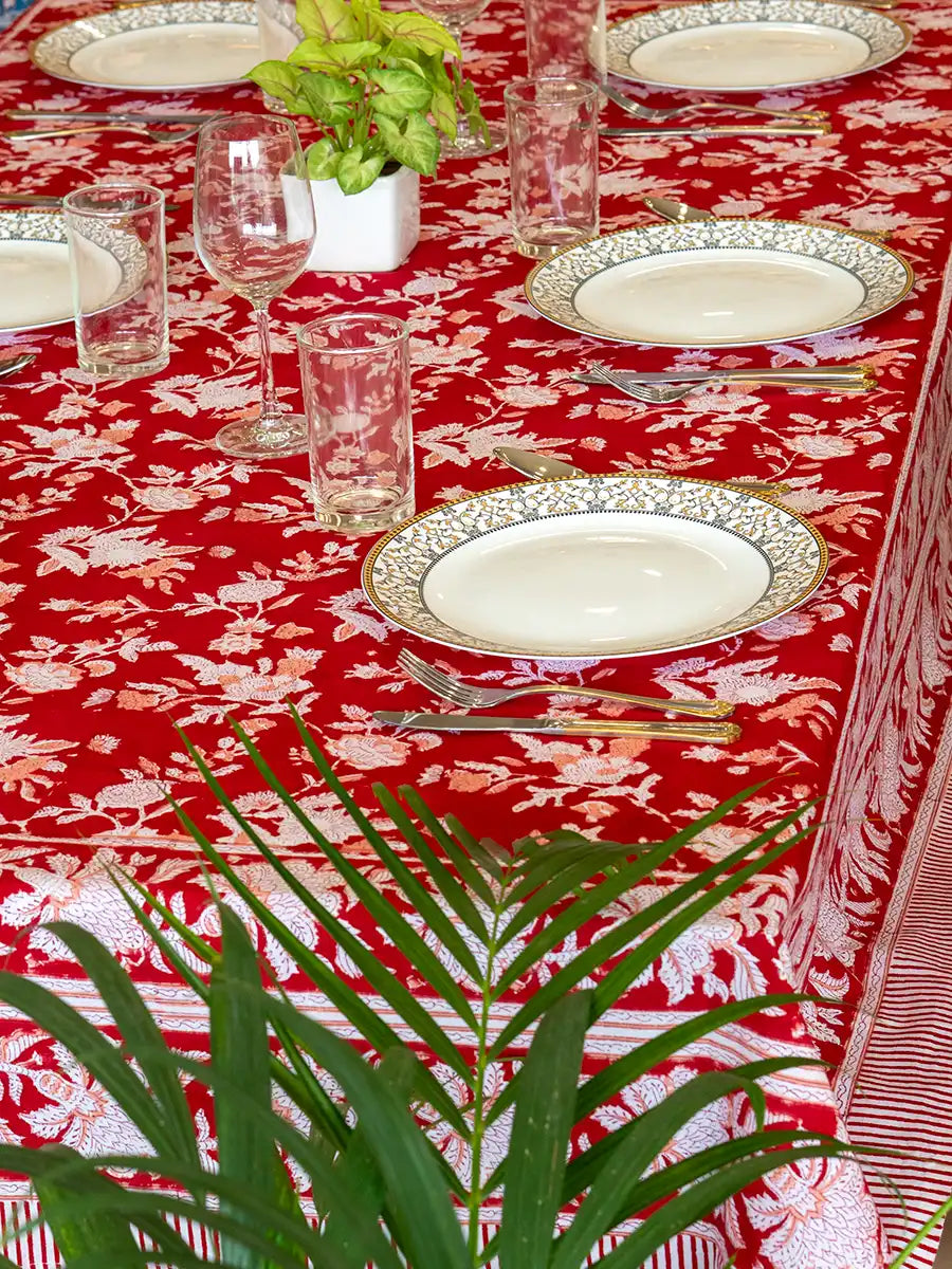 Red Bloom Hand Block Printed Tablecloth