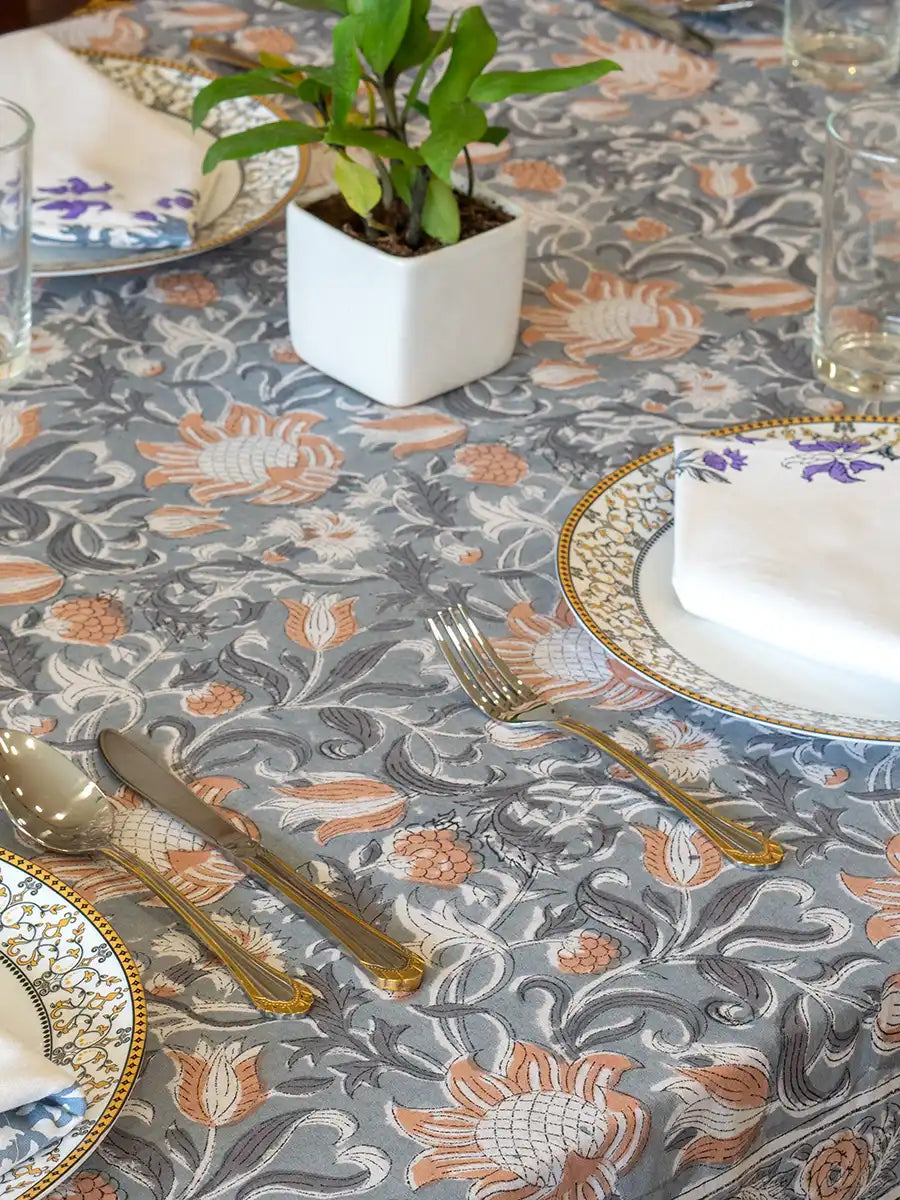 Slate Garden Hand Block Printed Tablecloth
