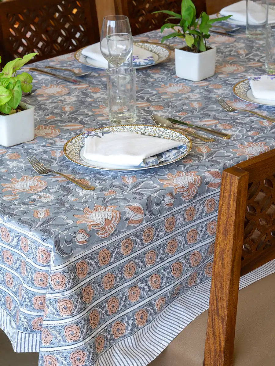 Slate Garden Hand Block Printed Tablecloth