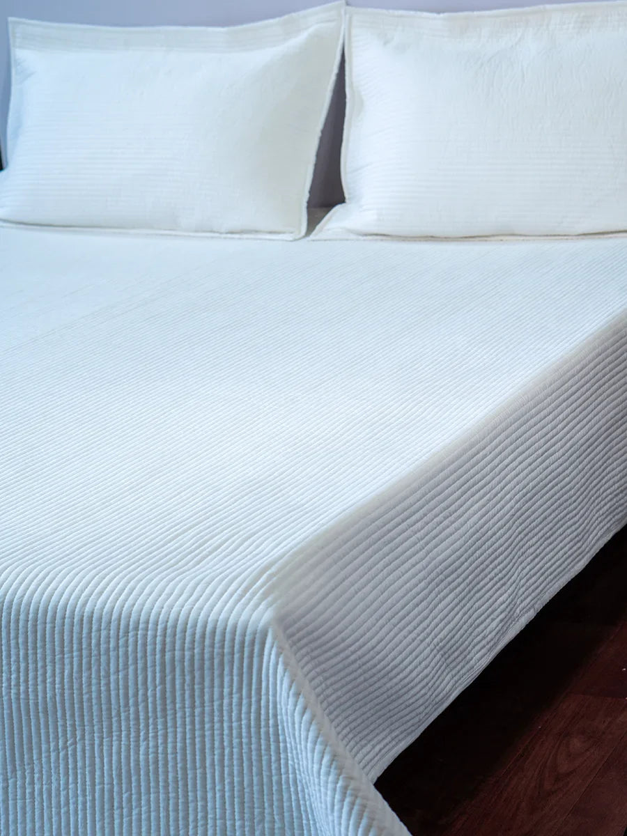 White Kantha Organic Cotton Bedspread