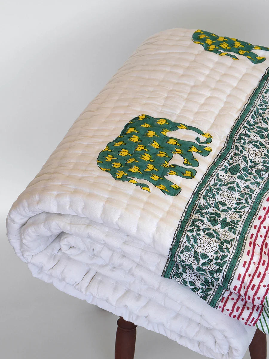 Elephant motif quilt close-up showing Rajasthani hand block print detail