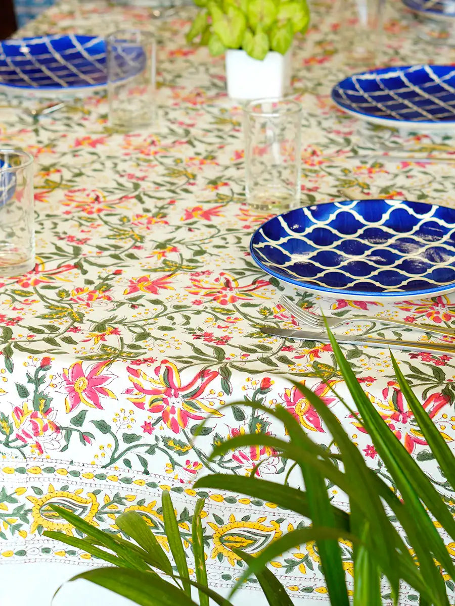 Blooming Garden Hand Block Printed Tablecloth