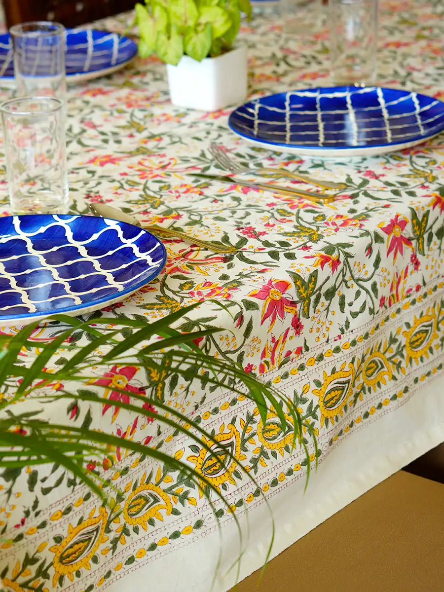 Blooming Garden Hand Block Printed Tablecloth