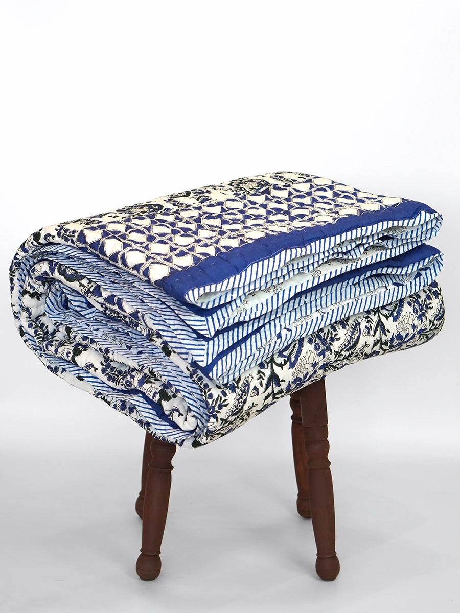 Blue Ivory Handstitched Organic Quilt