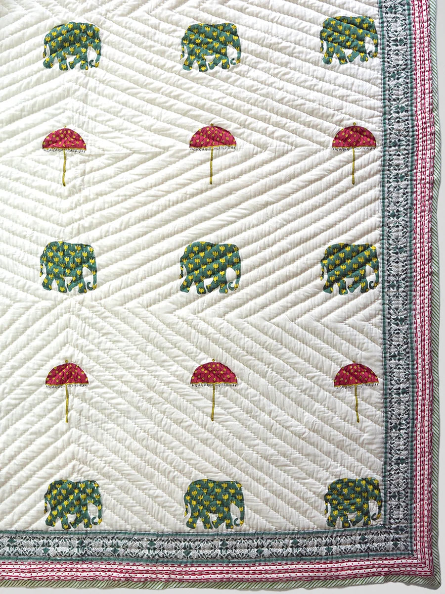 Elephant Umbrella Hand Block Printed Quilt