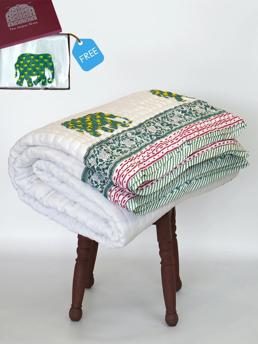 Elephant Umbrella Handstitched Organic Quilt + Free Matching Sheet Set
