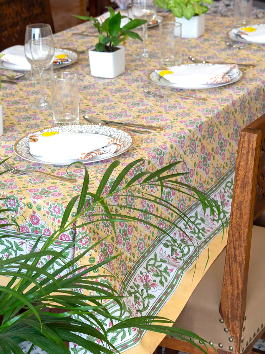 Golden Flora Hand Block Printed Tablecloth