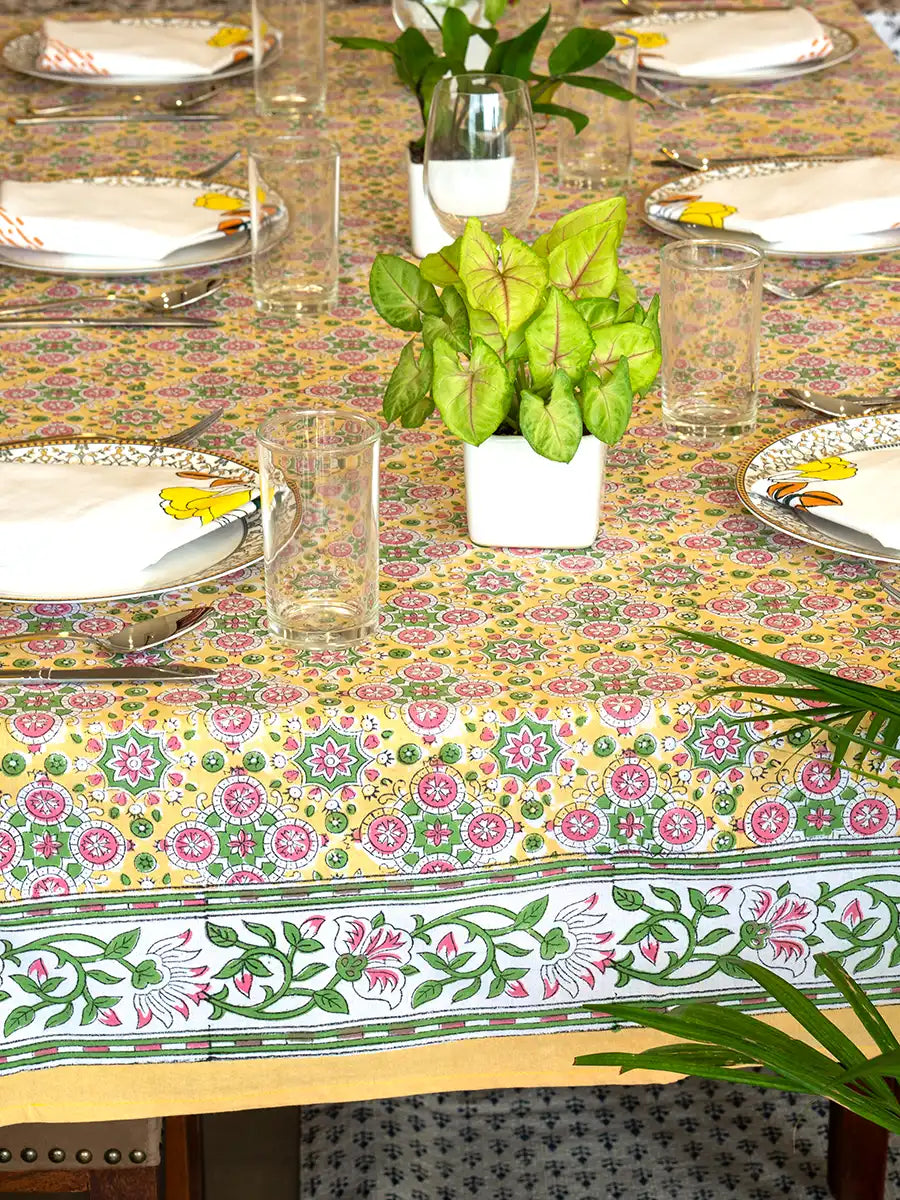 Golden Flora Hand Block Printed Tablecloth