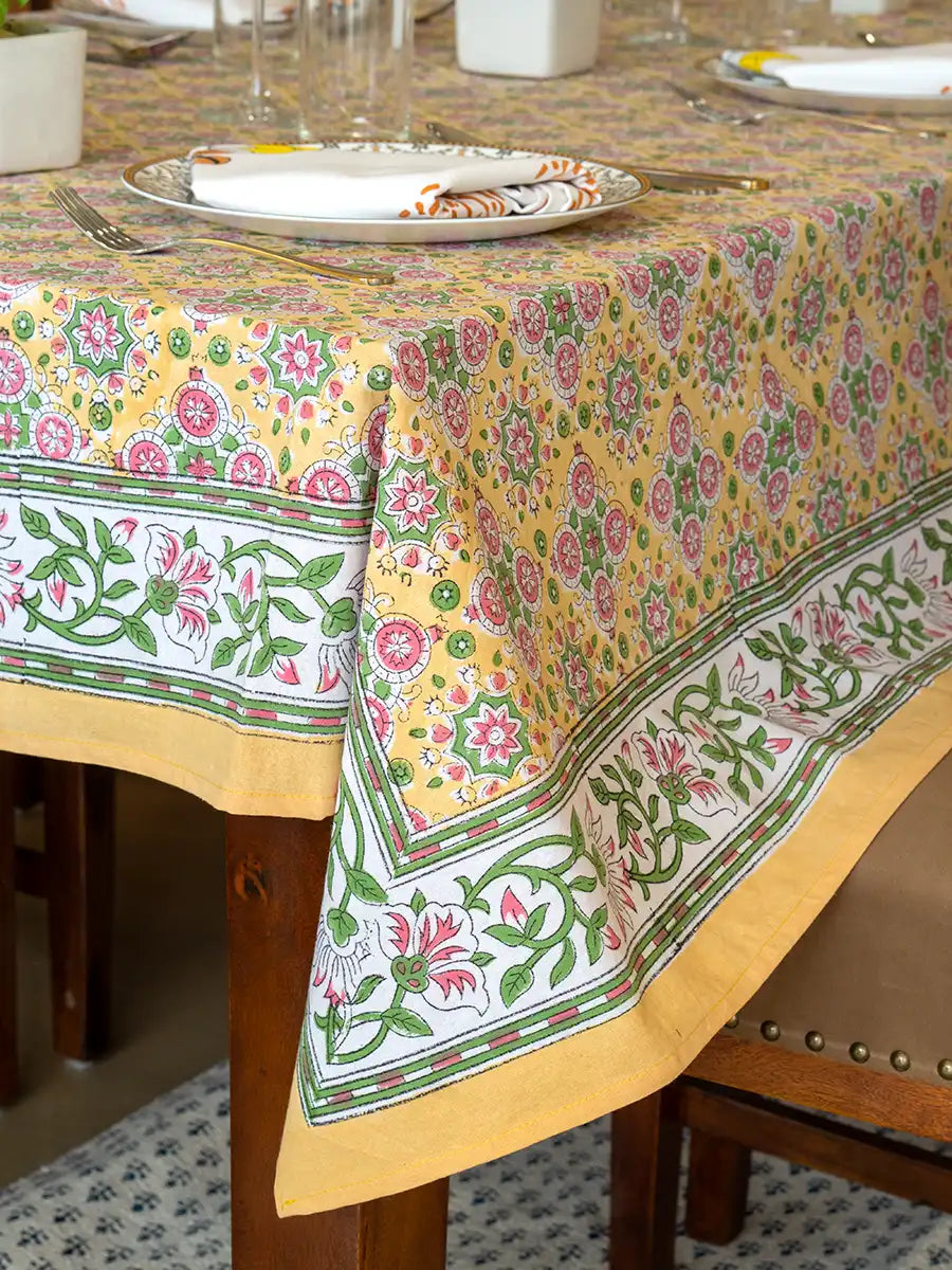 Golden Flora Hand Block Printed Tablecloth