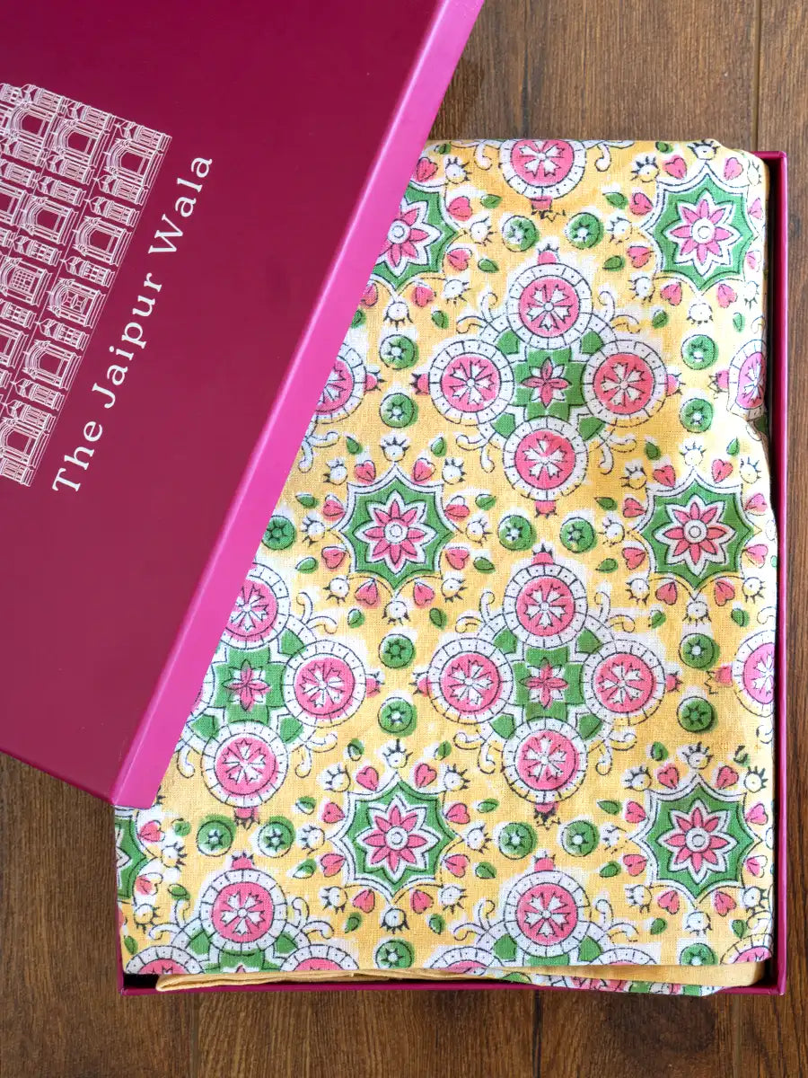Golden Flora Hand Block Printed Tablecloth