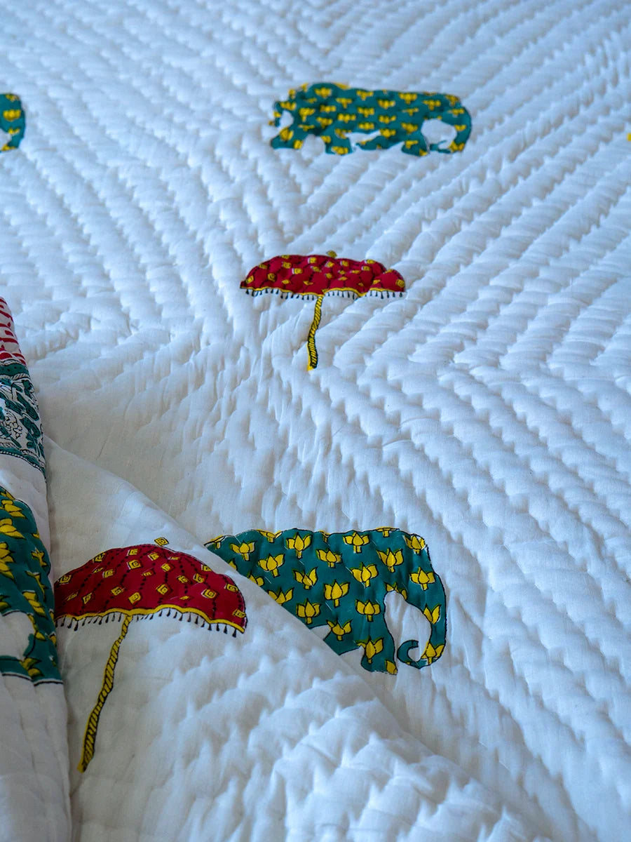 Elephant & Umbrella Hand Block Muslin Quilt