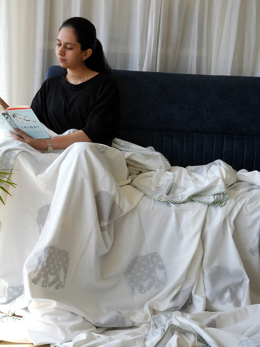 Elephant Organic Muslin Blanket — Hand Block Printed