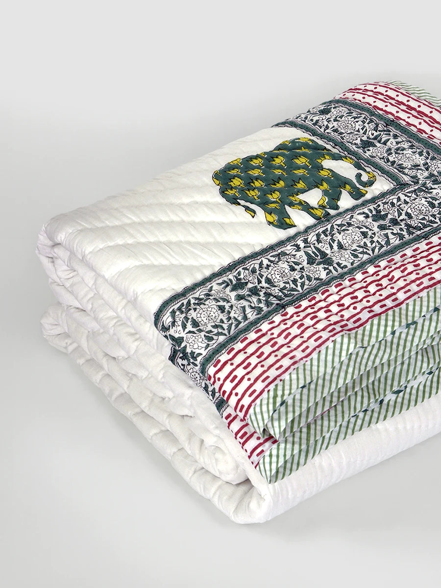 Elephant Umbrella Hand Block Printed Quilt