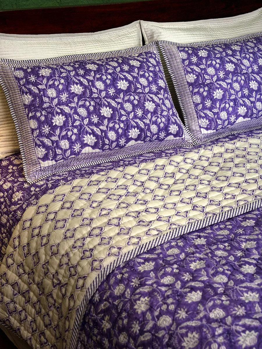 Lavender Bloom Handstitched Hand Block Printed Organic Cotton Quilt