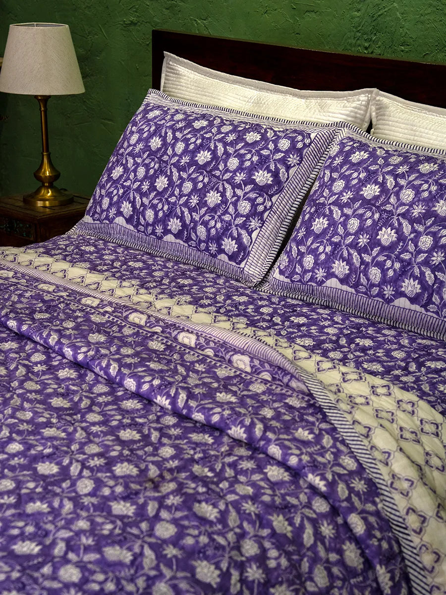 Lavender Bloom Handstitched Hand Block Printed Organic Cotton Quilt