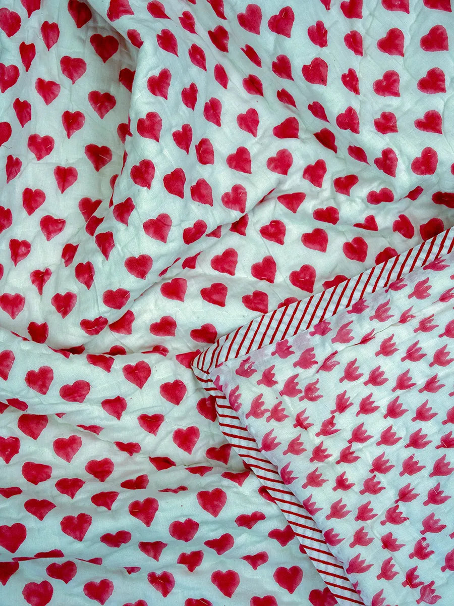 Pink Heart Handstitched Hand Block Printed Organic Cotton Quilt
