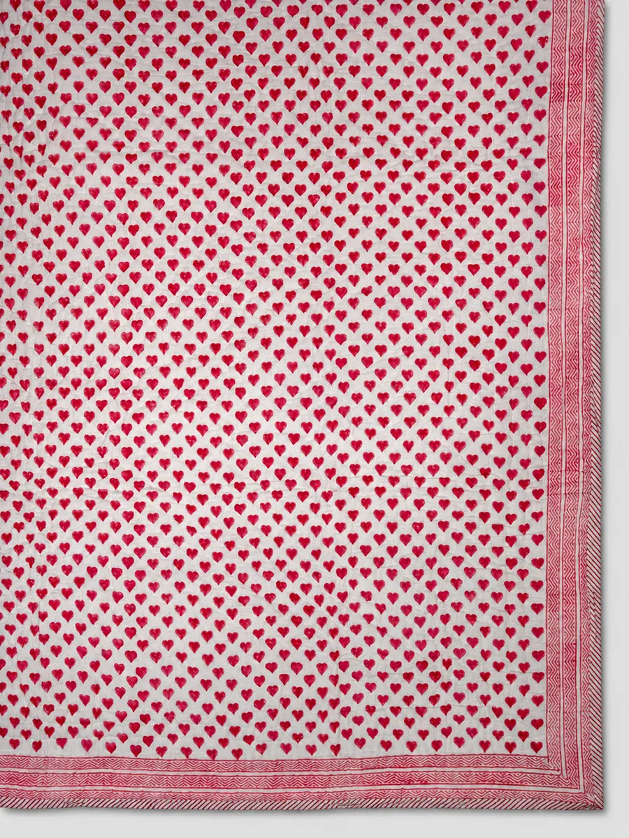 Pink Heart Handstitched Hand Block Printed Organic Cotton Quilt