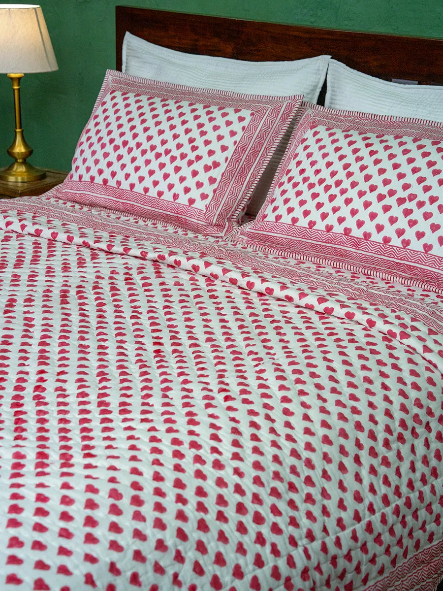 Pink Heart Handstitched Hand Block Printed Organic Cotton Quilt