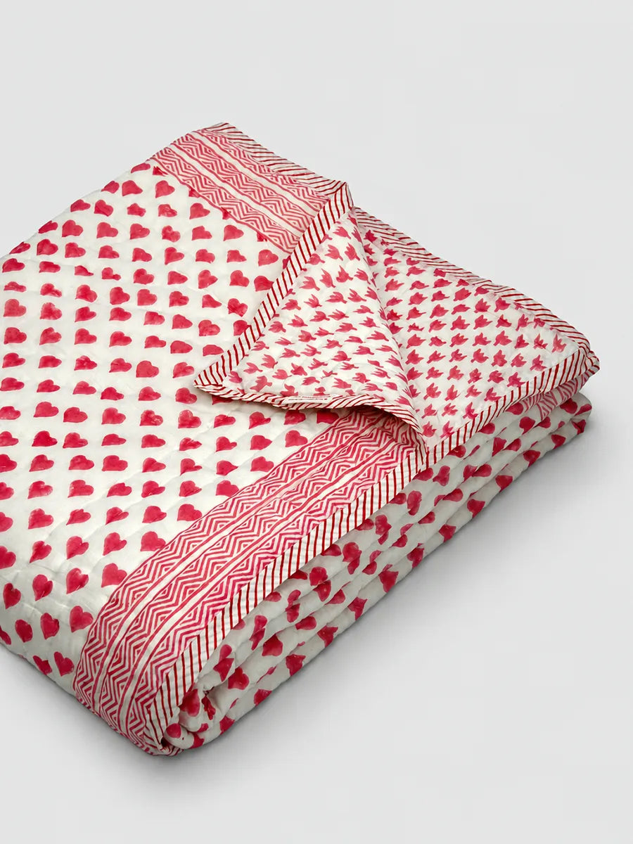 Pink Heart Handstitched Hand Block Printed Organic Cotton Quilt