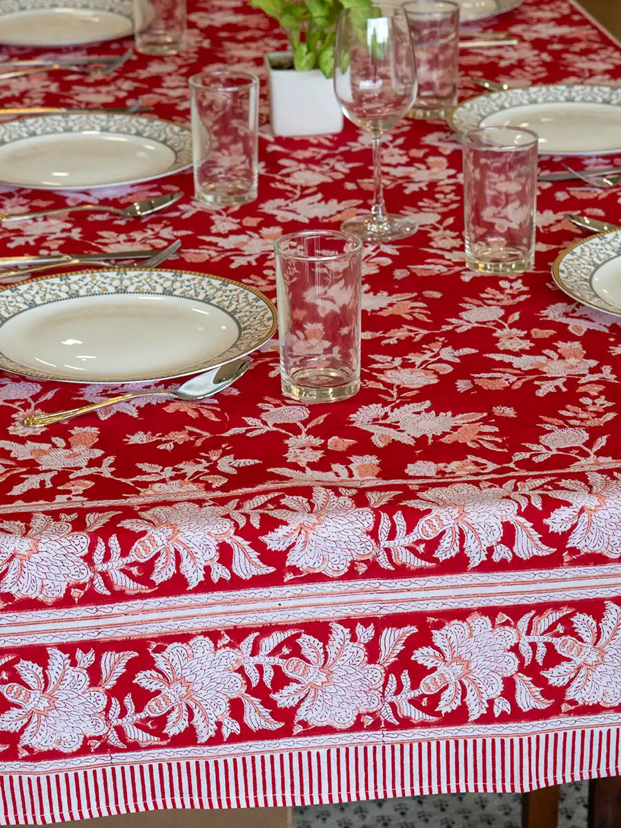 Red Bloom Hand Block Printed Tablecloth