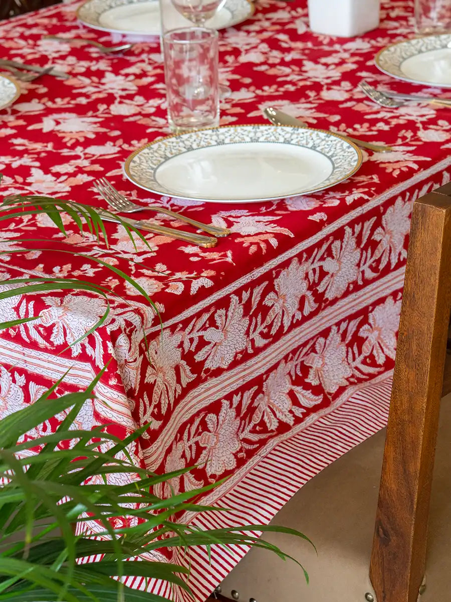 Red Bloom Hand Block Printed Tablecloth