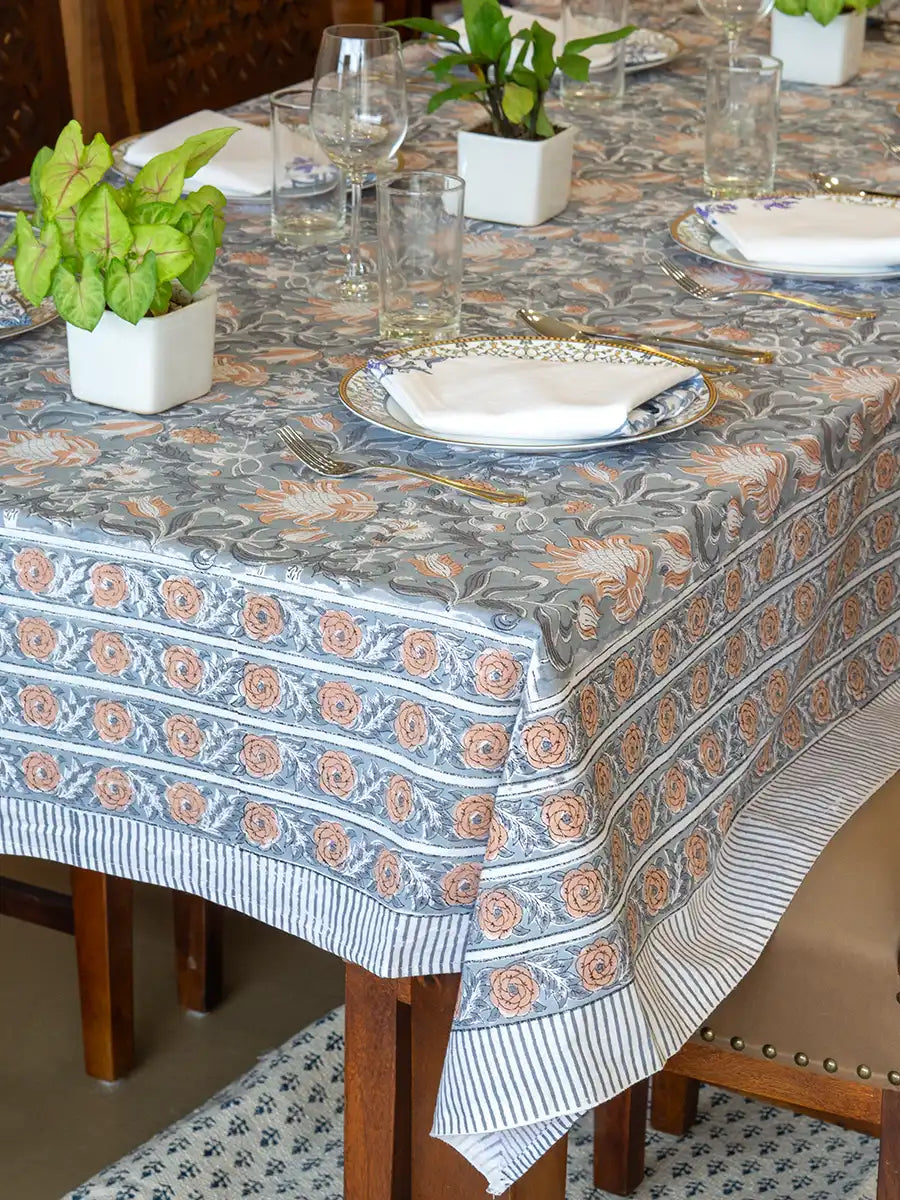 Slate Garden Hand Block Printed Tablecloth