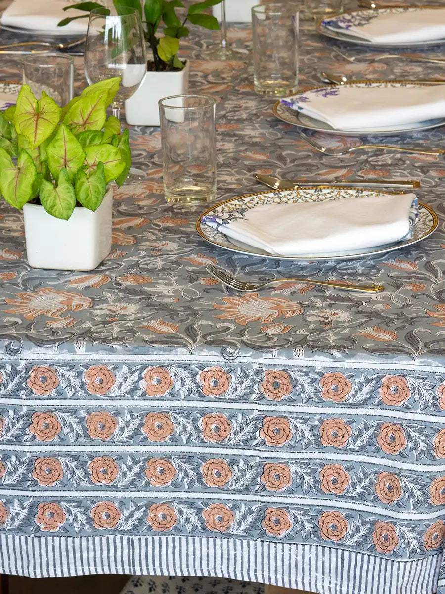 Slate Garden Hand Block Printed Tablecloth