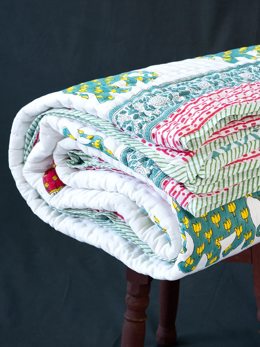 Elephant & Umbrella Hand Block Muslin Quilt